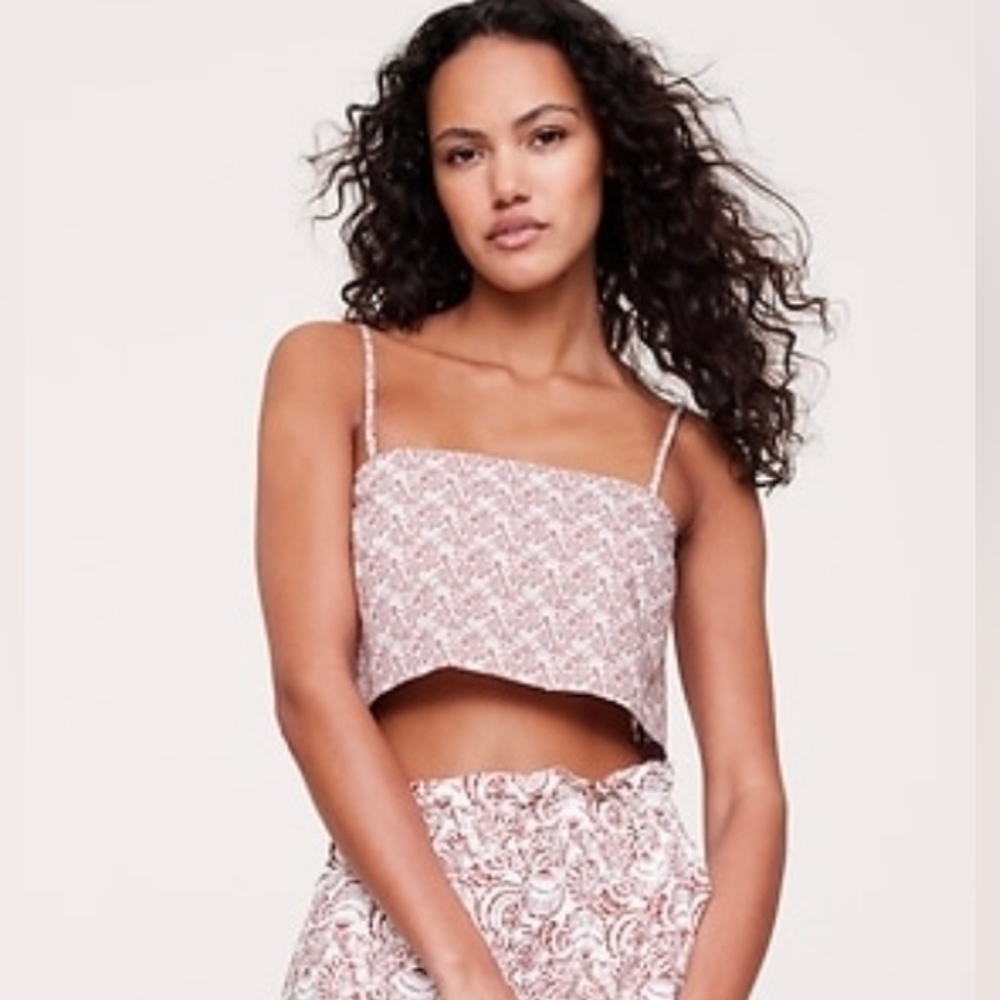NWT $65 Banana Republic Large Cotton Poplin Cropped Cami, Red Clay Shell Print